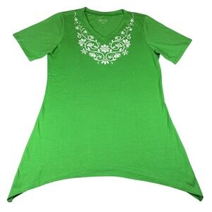 Denim & Co Womens XXS Green Embroidered V Neck Tunic Top Cotton